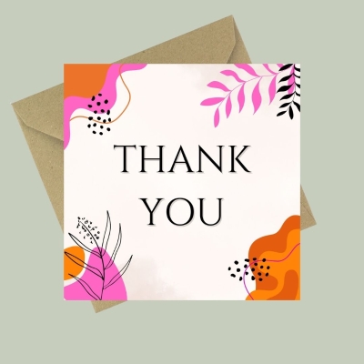 Thank You card with bold abstract orange, pink and black graphic design.