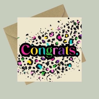 Congrats card with vibrant multicoloured leopard print and bold rainbow lettering.