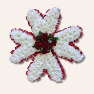 Maltese Cross funeral tribute with white chrysanthemum base, red ribbon edging and red floral focal, 22 x 22 inches, customisable colours available.